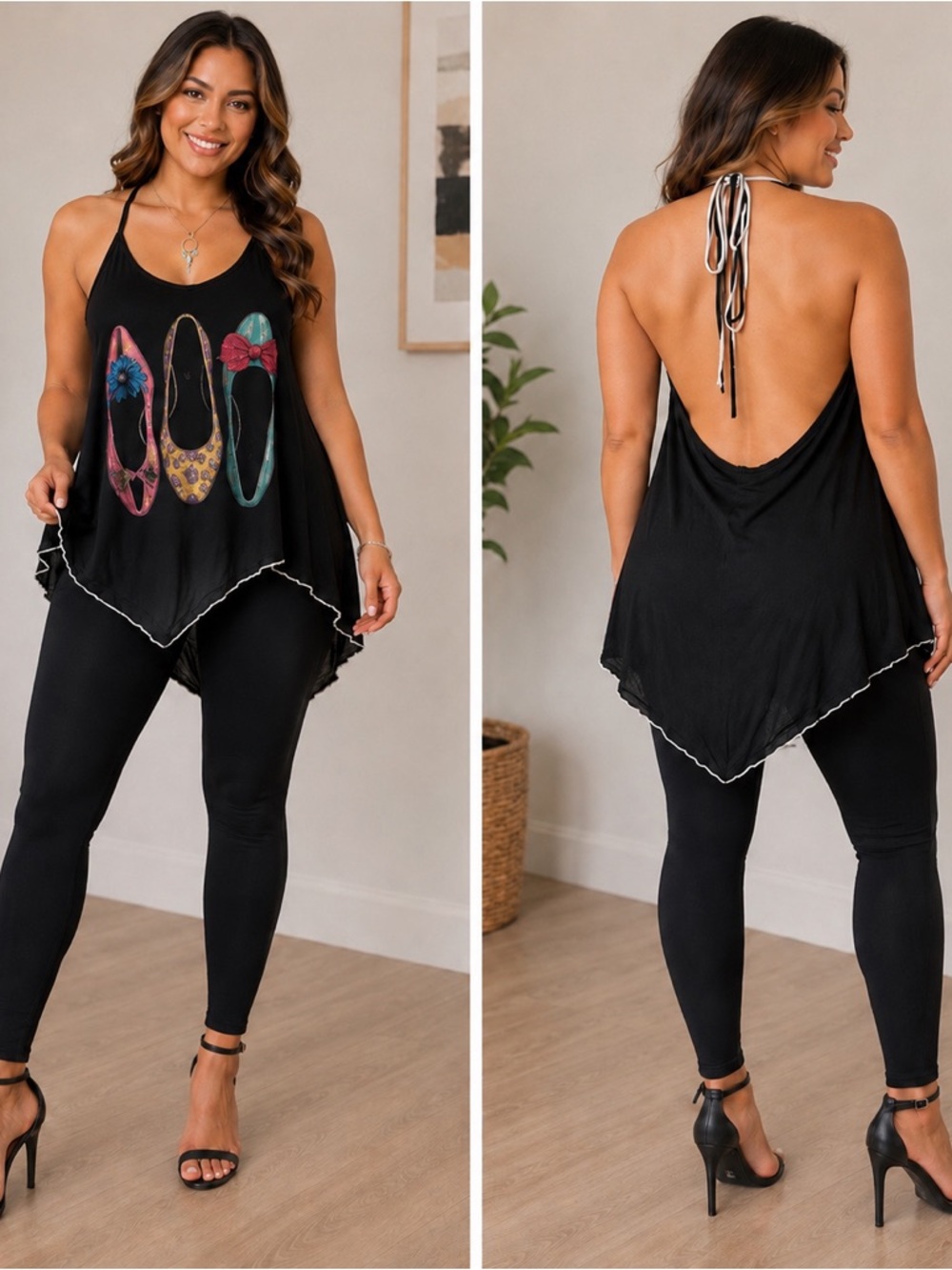 Vintage Y2K Halter Top Backless Flowy Ballet Flats Graphic Tank M